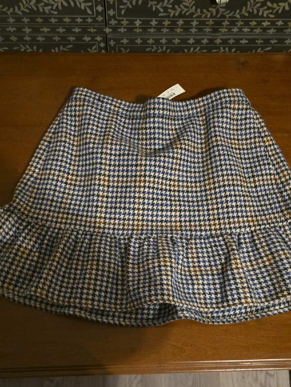 J. Crew Blue and Brown Houndstooth Ruffle-Hem Skirt